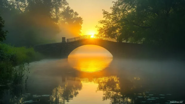 Sunrise glowing through morning fog near stone bridge.