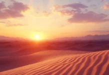 Sunrise illuminating a quiet desert landscape.