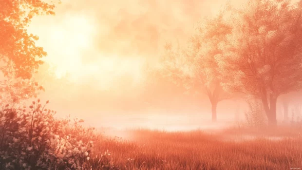 Sunrise illuminating misty meadow in soft colors.