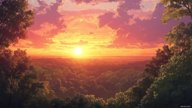 Sunrise in forest paints the sky with pinks and oranges over the trees.