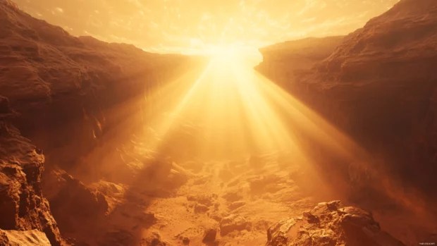 Sunrise landscape 4K wallpaper with rays bursting through canyon walls.