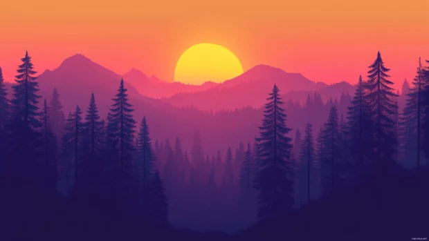 Sunrise landscape wallpaper with silhouettes of trees.