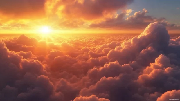Sunrise light bouncing across fluffy cloud formations, an ideal Sunrise Desktop Wallpaper with Clouds.
