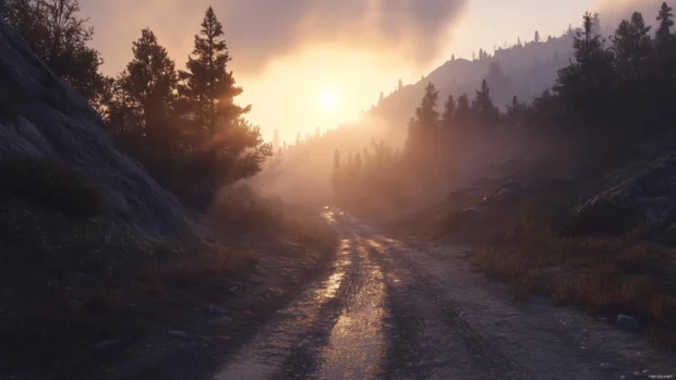 Sunrise light streaming through mountain pass.