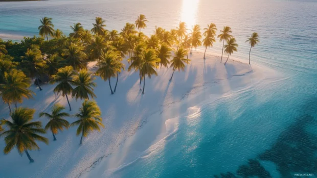 Sunrise over Miami Beach with drone view of turquoise water and palms.