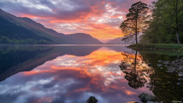 Sunrise over a calm lake reflecting orange and pink skies.