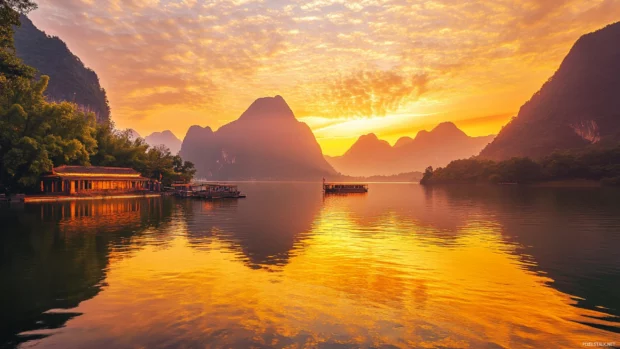 Sunrise over a mountain lake with golden reflections.