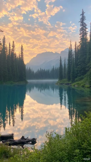 Sunrise over a tranquil lake and pine forest.