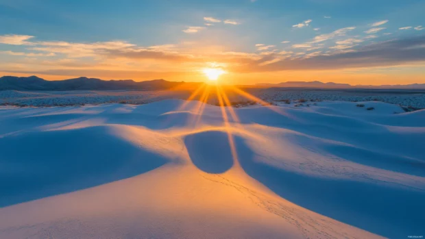 Sunrise over desert dunes with long shadows.