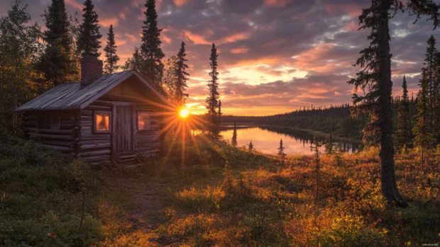 Sunrise over remote cabin in a quiet forest.