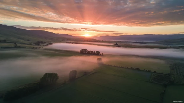 Sunrise over rolling farmlands with early mist.