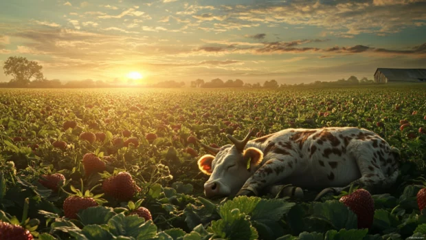 Sunrise over strawberry fields with Strawberry Cow taking a nap.