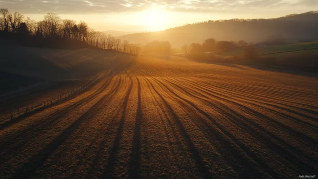 Sunrise over vineyard hills casting long shadows.
