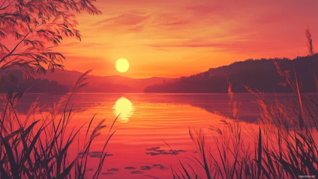 Sunrise paints streaks of gold and crimson over a tranquil lake.