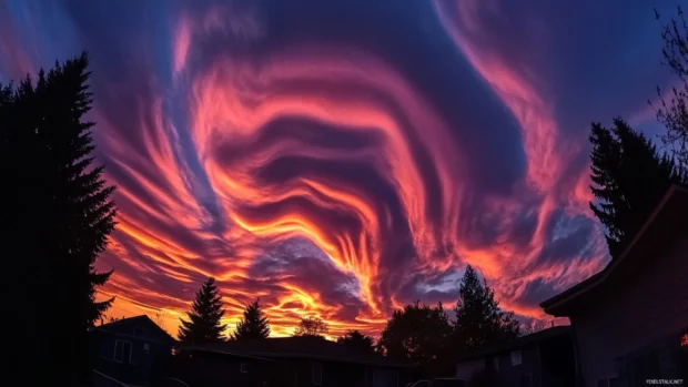 Sunrise paints streaks of rose across a sky scattered with wispy clouds.