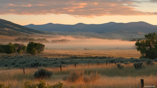 Sunrise paints the landscape with golden mist.