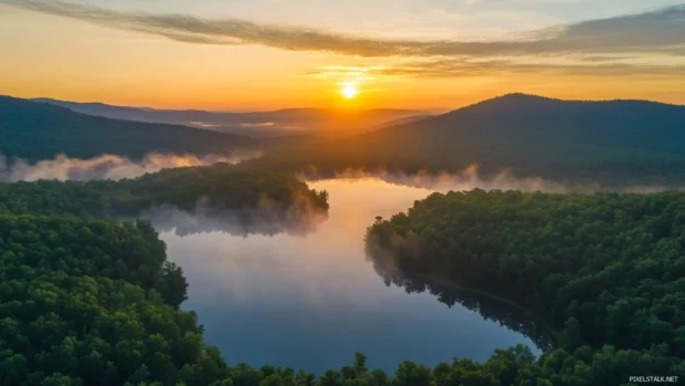 Sunrise pierces the fog over a hidden mountain lake.