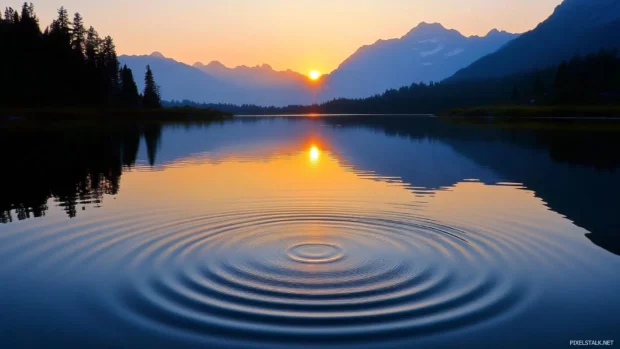 Sunrise reflecting in the ripples of a quiet lake.