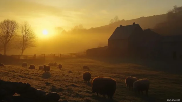 Sunrise shining on a quiet farm with grazing animals.