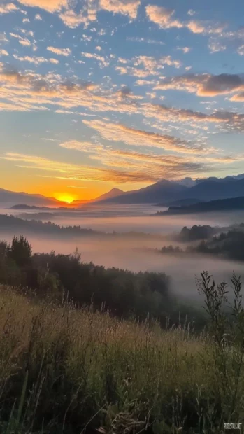 Sunrise sky iPhone 4K featuring a scenic view of mountains with morning mist.