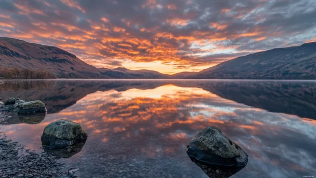 Sunrise sky reflecting in still mountain lake.