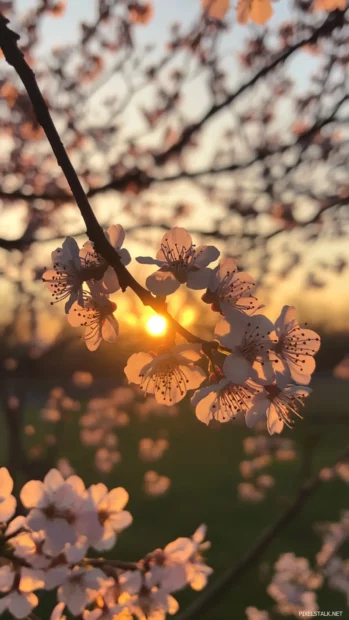 Sunrise through the silhouette of tree branches in early bloom.