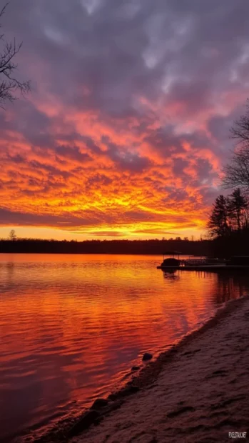 Sunrise tinting the clouds in orange and pink.