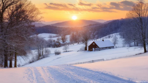 Sunrise touches the snow covered hills with gentle light.