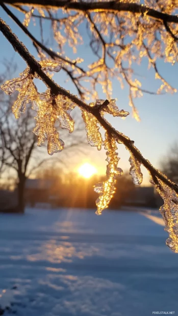 Sunrise turns winter branches to gold as daylight begins.