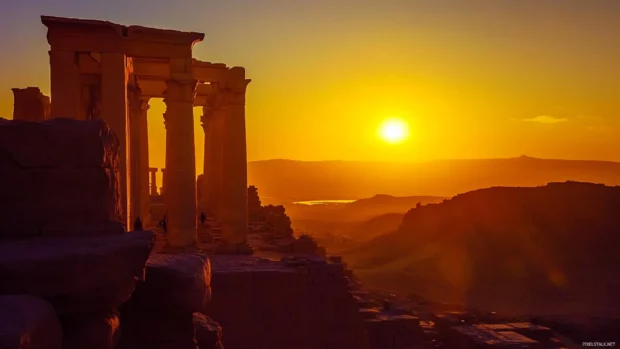 Sunrise unfolding behind ancient ruins.
