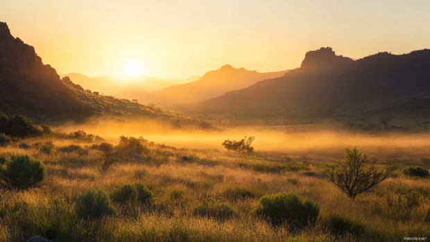 Sunrise unfolds behind jagged mountains as morning mist rises.