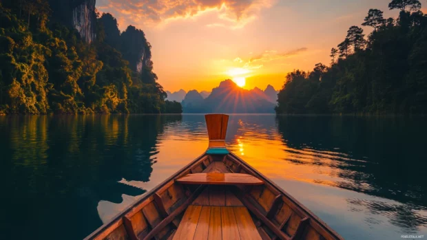 Sunrise view from a boat floating on still water.