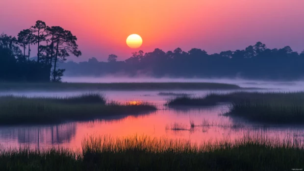 Sunrise viewed through morning haze and soft cloud layers.