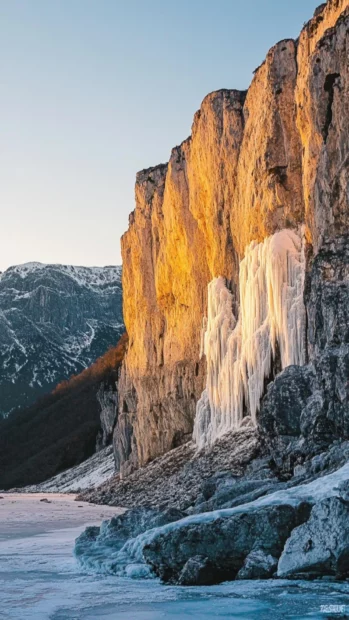 Sunrise visible behind icy mountain cliffs.