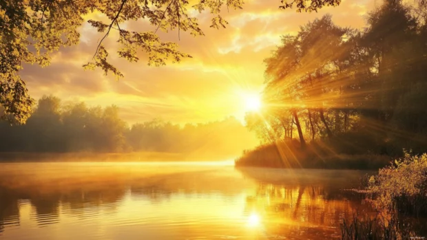 Sunrise wallpaper featuring golden sun rays and calm lake.