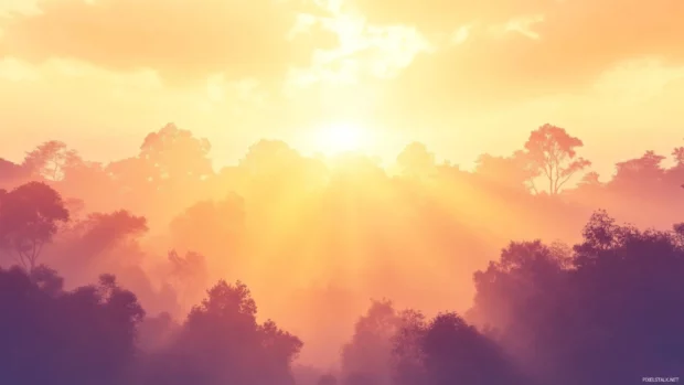Sunrise wallpaper in forest showing warm sunlight breaking through early fog.