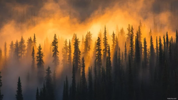 Sunrise wallpaper in forest with golden light filtering through dense pine trees.