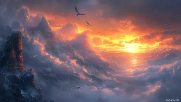 Sunrise wallpaper with birds circling mountain cliffs, dramatic lighting through the clouds.