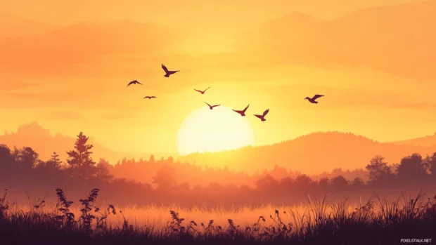 Sunrise wallpaper with birds flying across a rural landscape bathed in soft orange light.