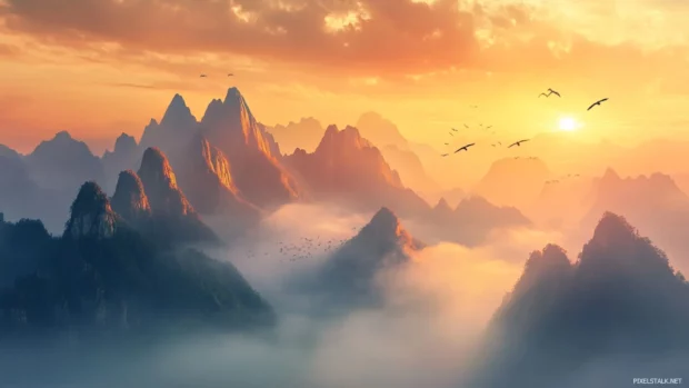 Sunrise wallpaper with birds soaring above misty peaks, golden light reflecting off their wings.