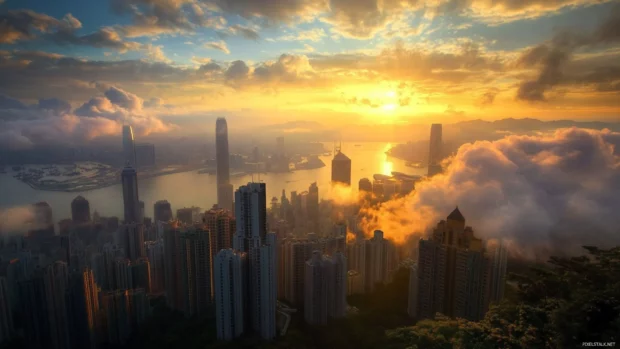 Sunrise wallpaper with city skyline presenting dramatic cloud formations.