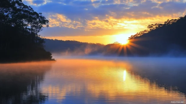 Sunrise wallpaper with fog hovering above calm waters.
