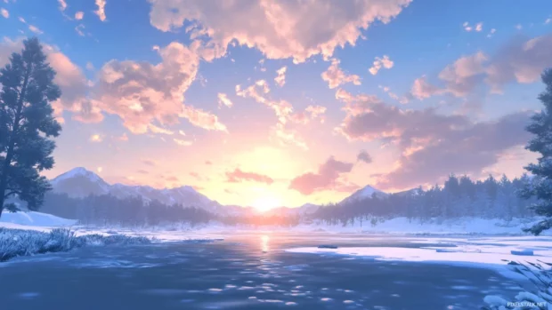 Sunrise warming up the cold blue sky.
