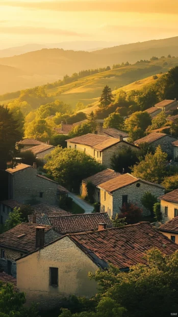 Sunrise warms quiet villages nestled between hills.