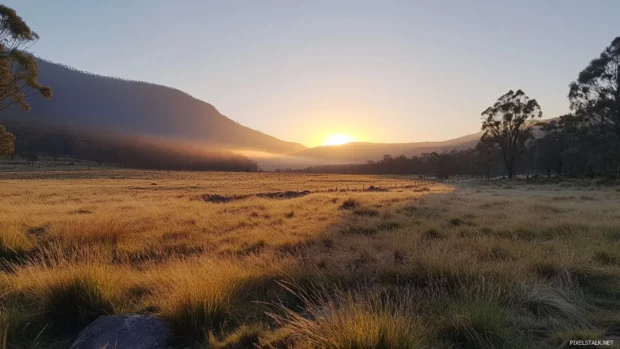Sunrise washing over grassy plains and open fields.