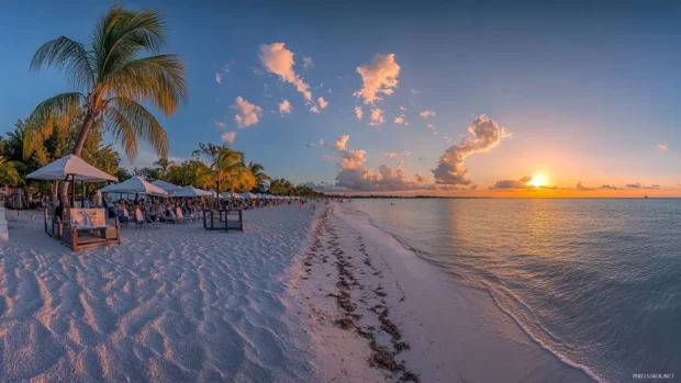 Sunset beach panorama with palm trees and beachgoers.