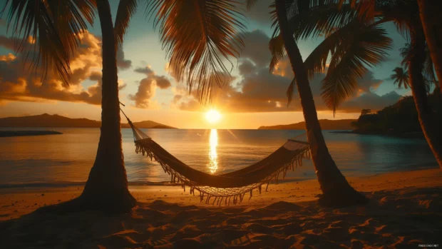 Sunset beach with palm trees and hanging hammock.