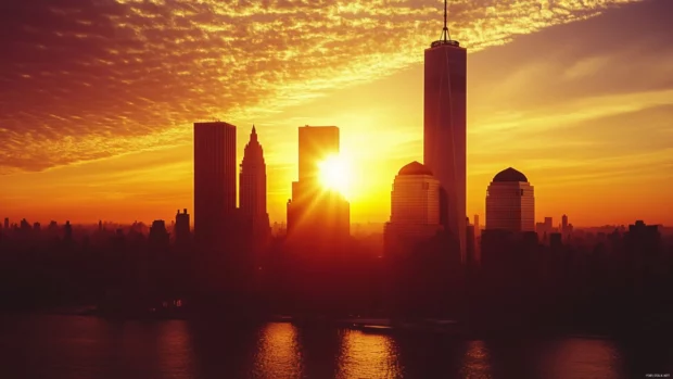 Sunset clouds ripple behind the silhouette of New York City.