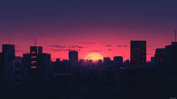 Sunset glow fades over the high rises in black city wallpaper scenery.