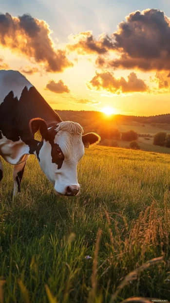 Sunset grazing cow captured for your realistic cow wallpaper for mobile.